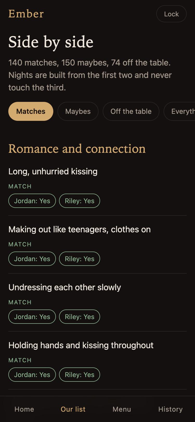 Both lists compared side by side, filtered to matches