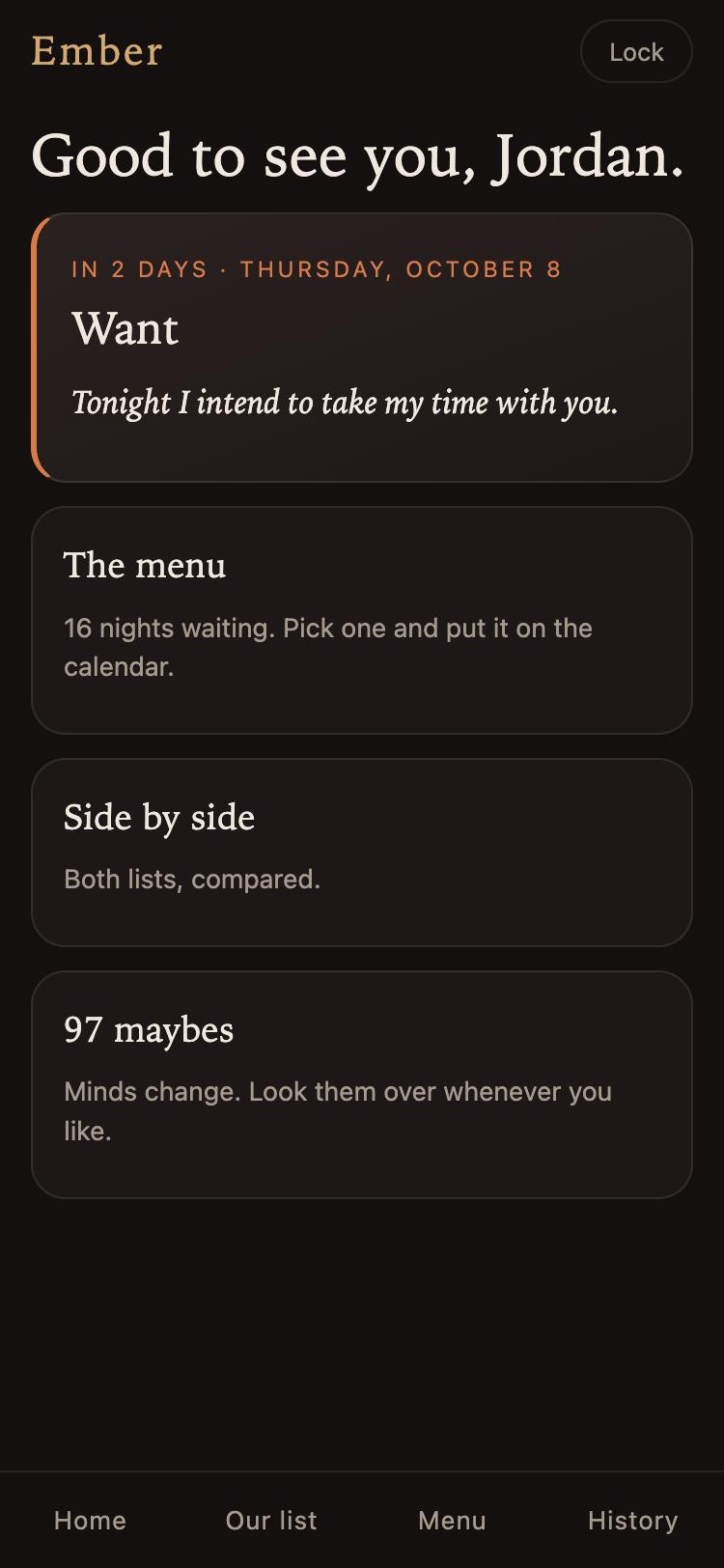 Home screen with a scheduled night and a teaser hint