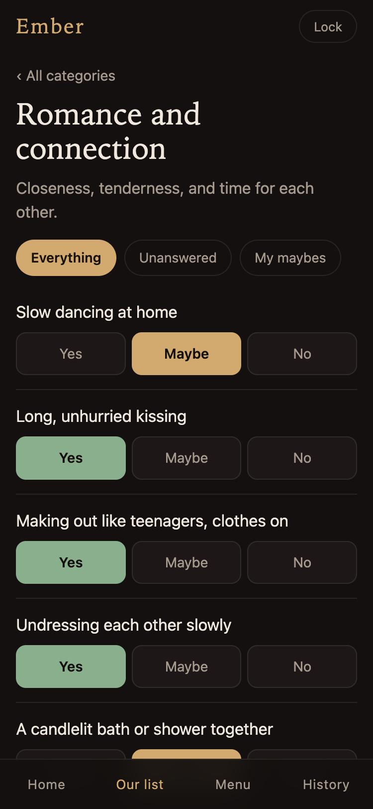 Answering the list: yes, maybe, or no for each item
