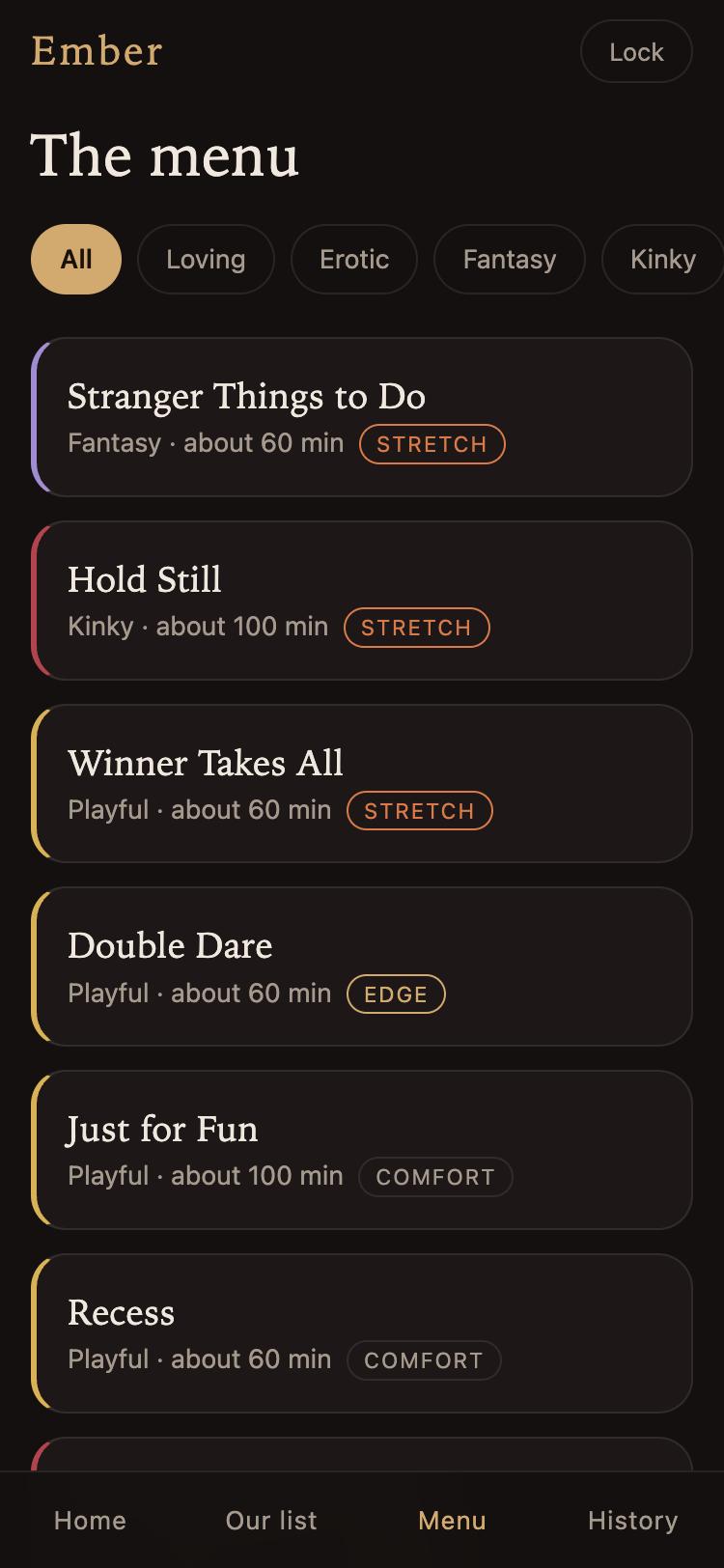 The menu of generated nights with mood and comfort level
